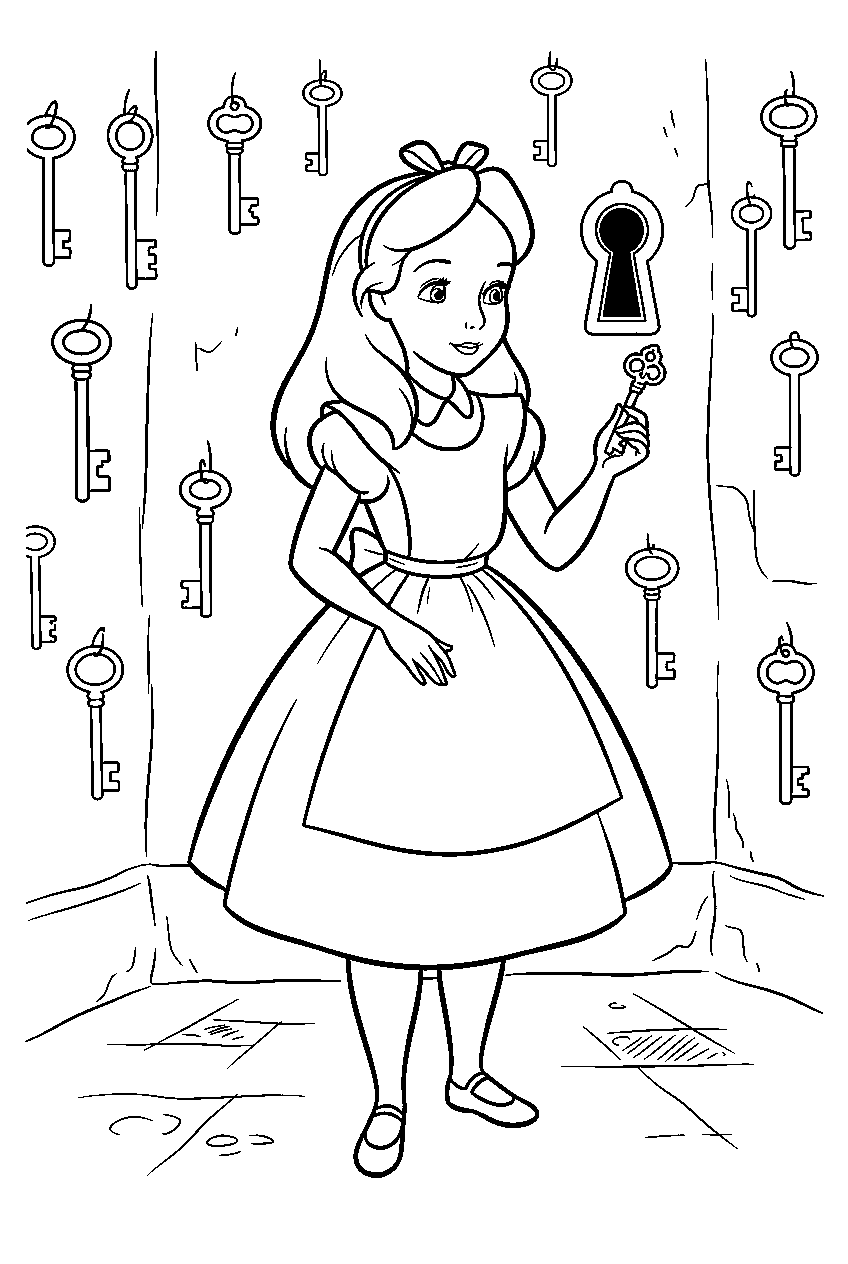 alice in wonderland in key room line art