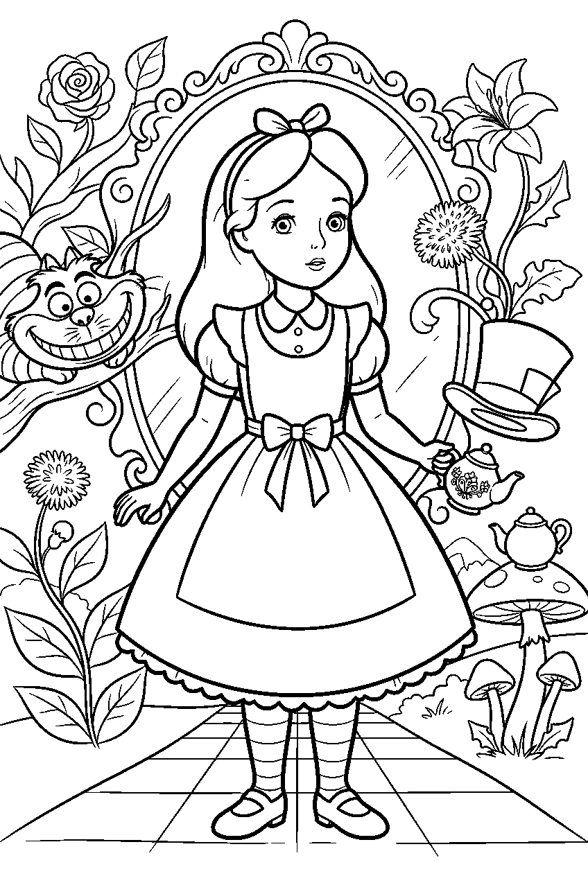 alice in wonderland in looking glass world line art