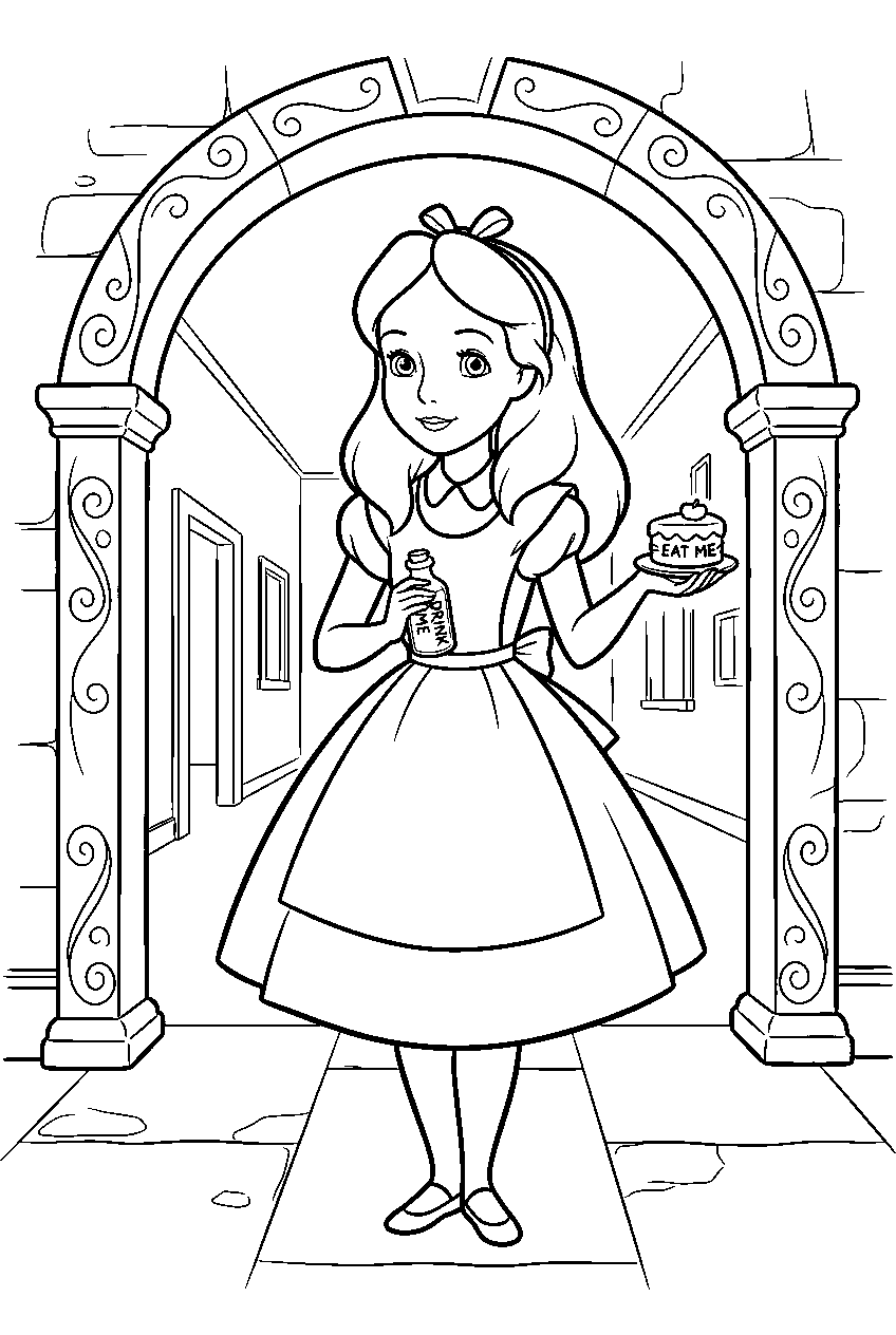 alice in wonderland in magical doorway hall line art