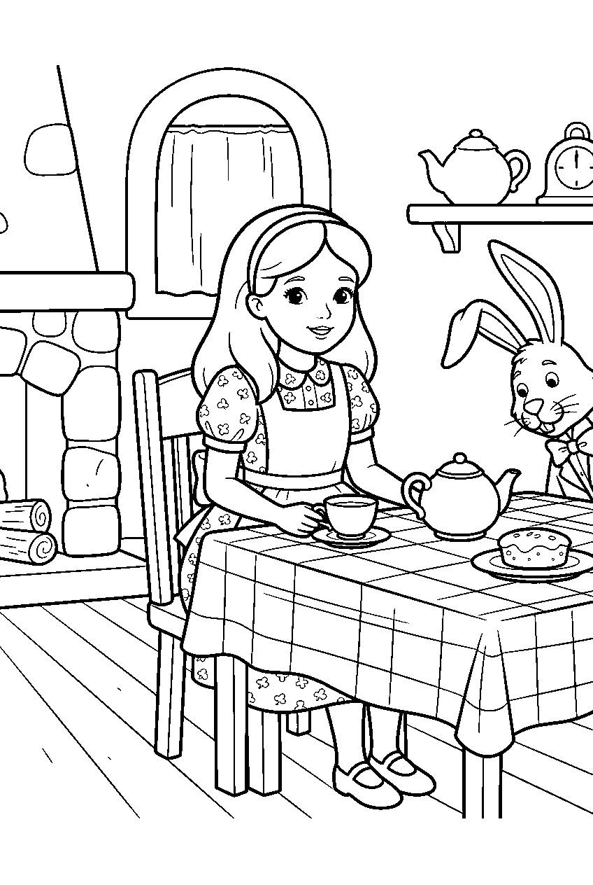 alice in wonderland in march hare s house line art