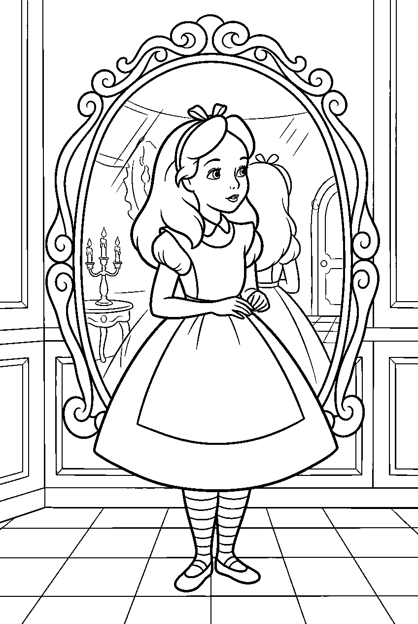 alice in wonderland in mirror room line art
