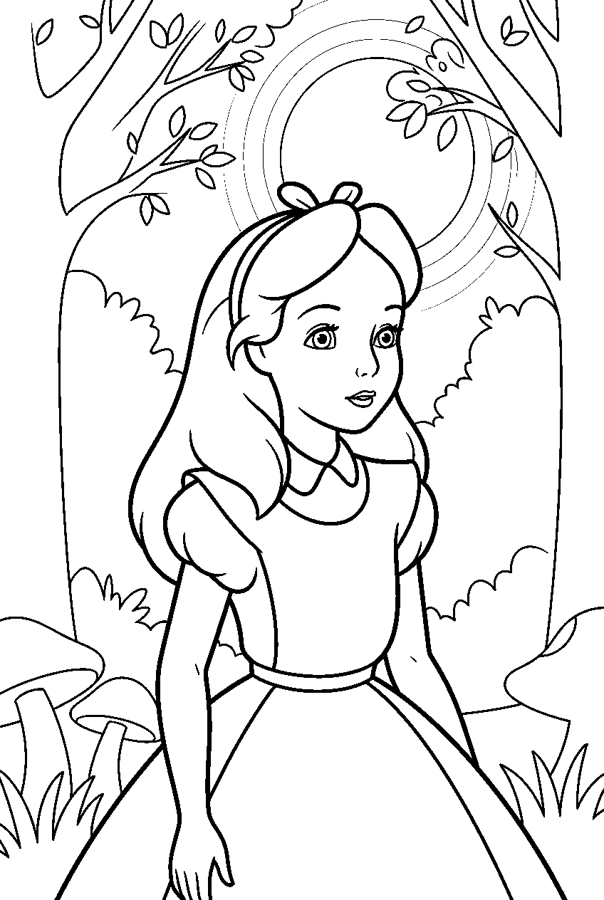 alice in wonderland in moonlit forest line art