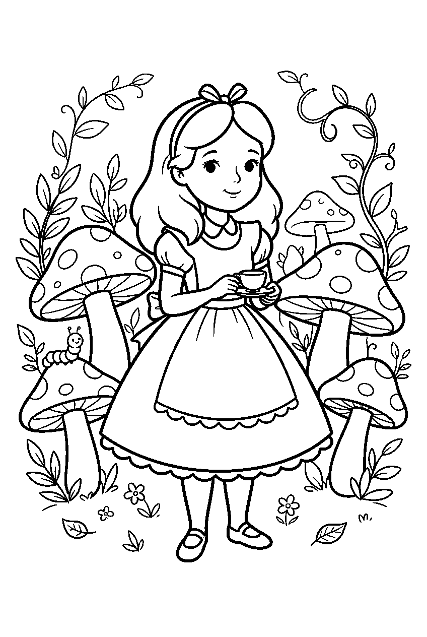 alice in wonderland in mushroom forest line art