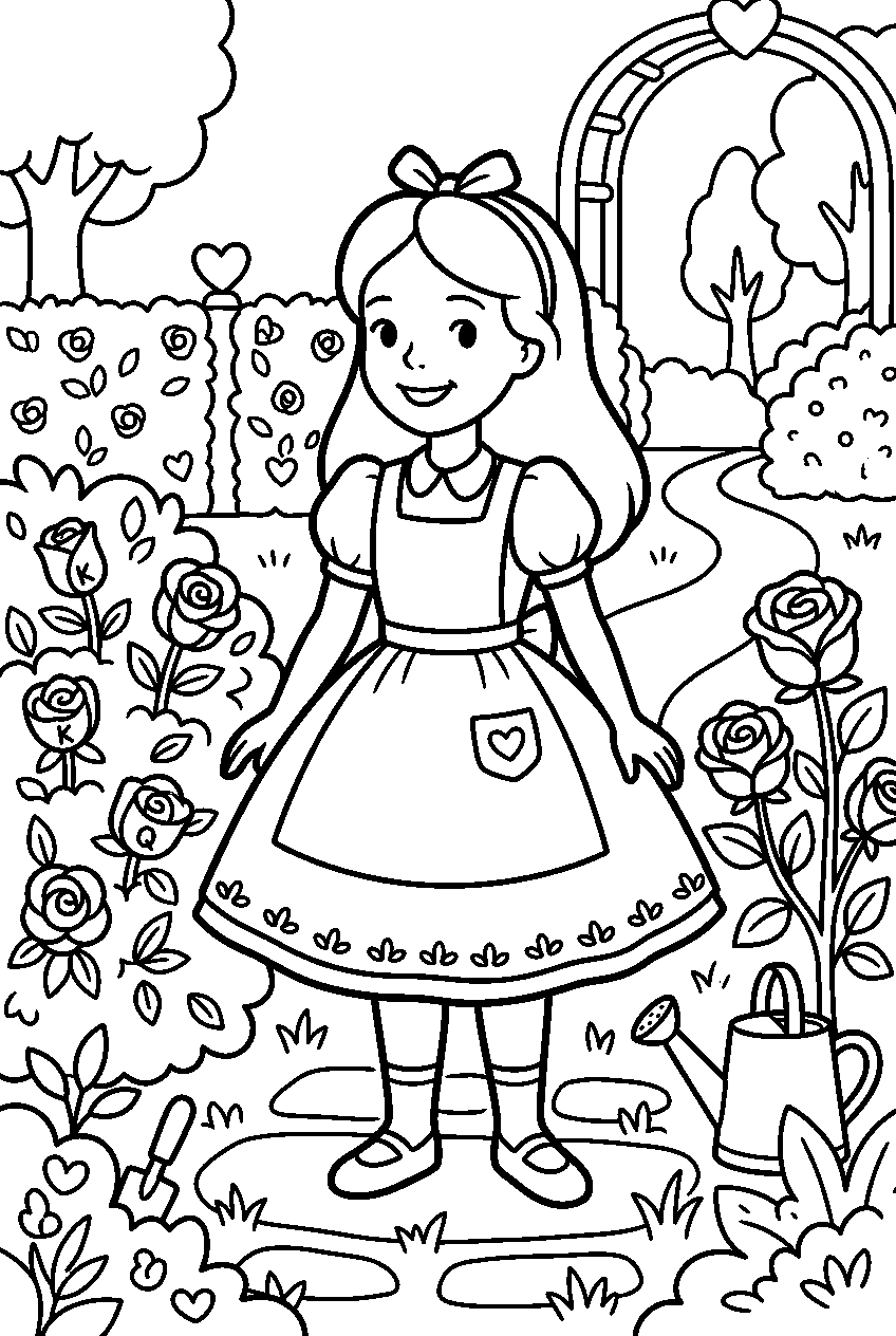 alice in wonderland in queen s garden line art
