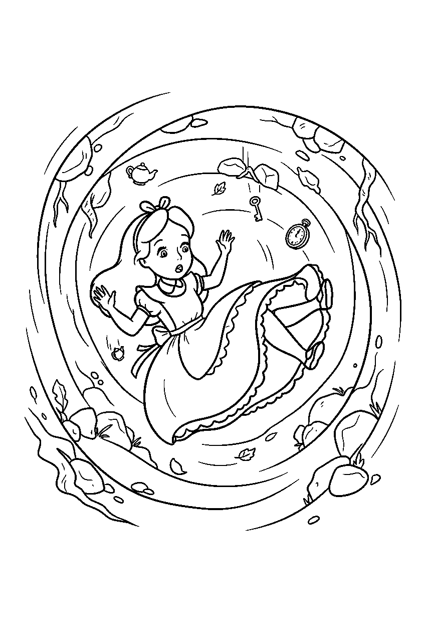 alice in wonderland in rabbit hole line art
