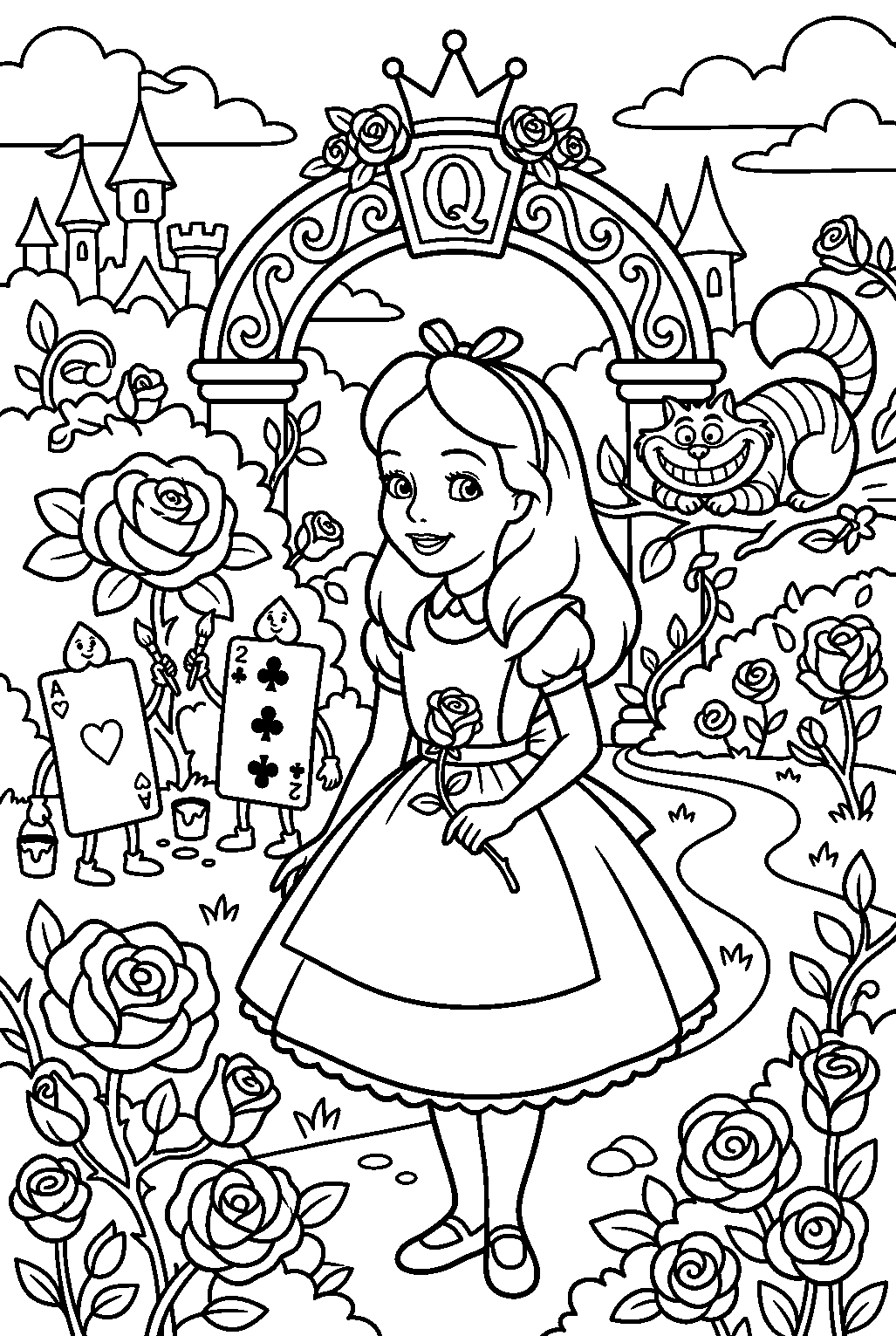 alice in wonderland in red queen s garden line art