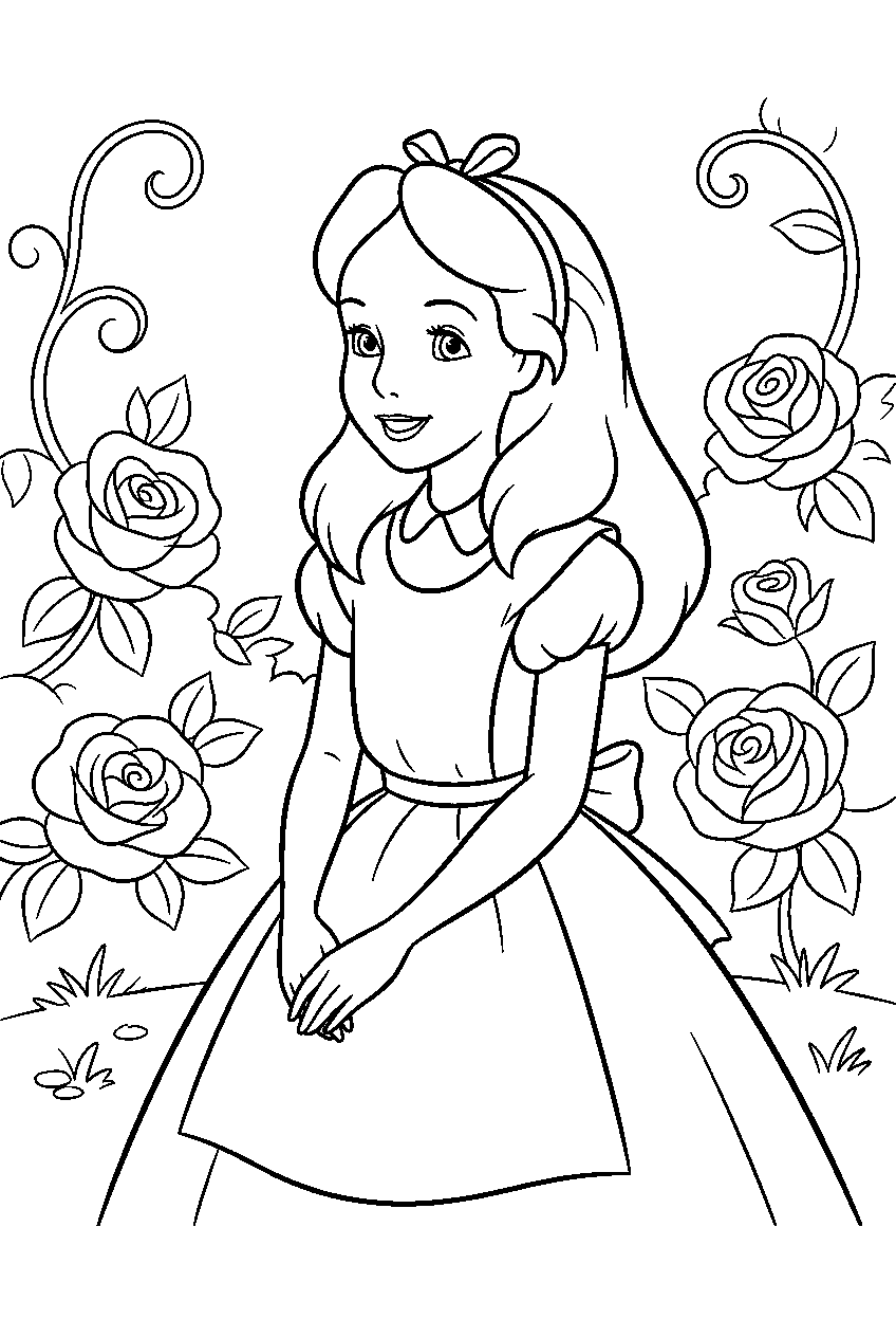 alice in wonderland in rose garden line art