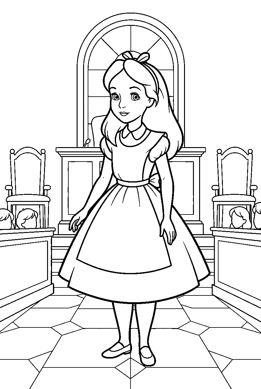alice in wonderland in royal courtroom line art
