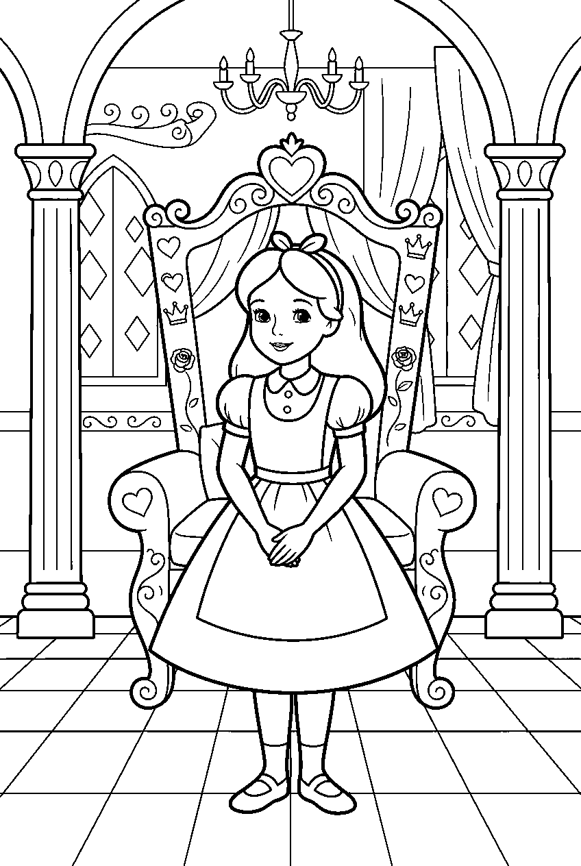 alice in wonderland in royal throne room line art