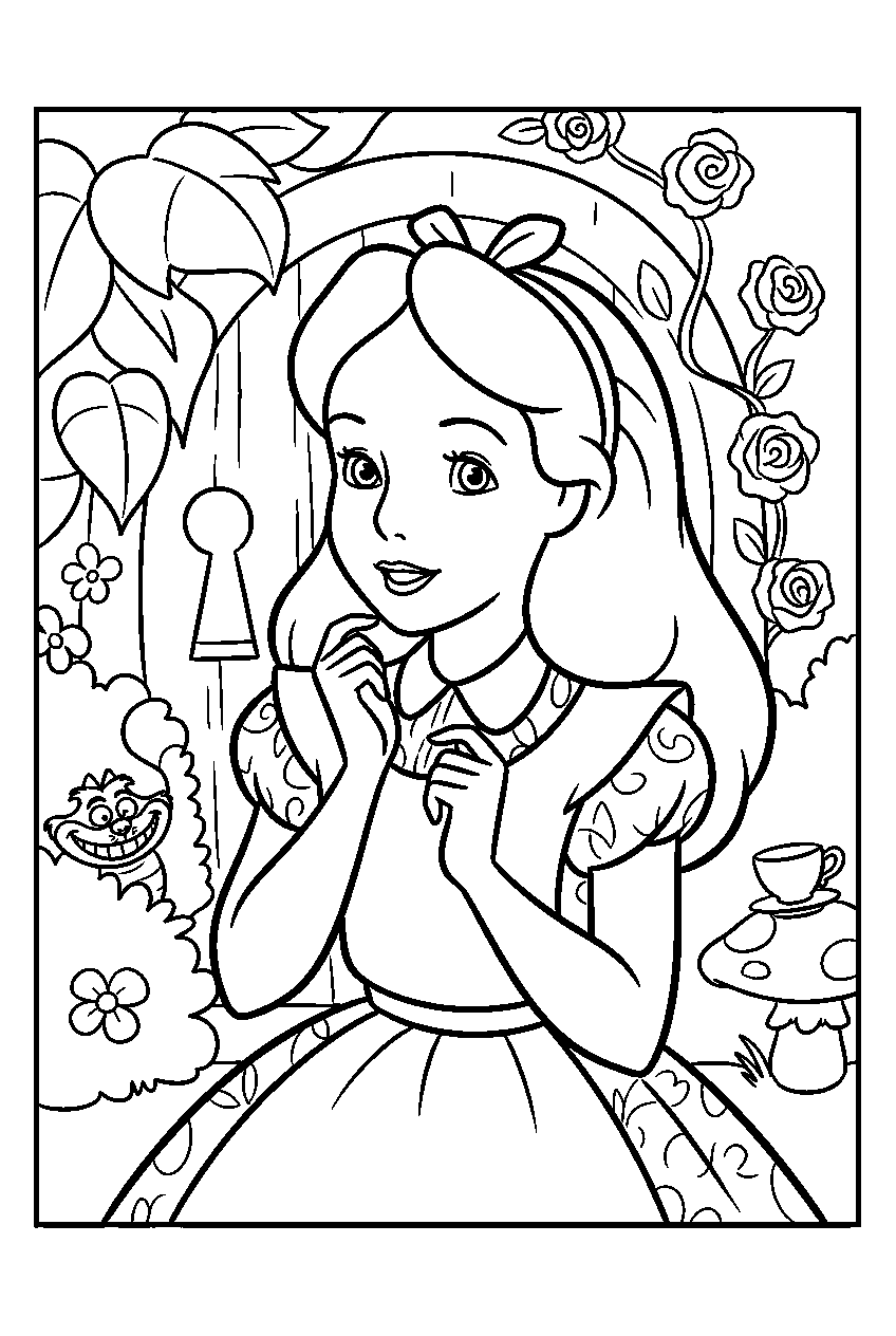 alice in wonderland in secret garden line art