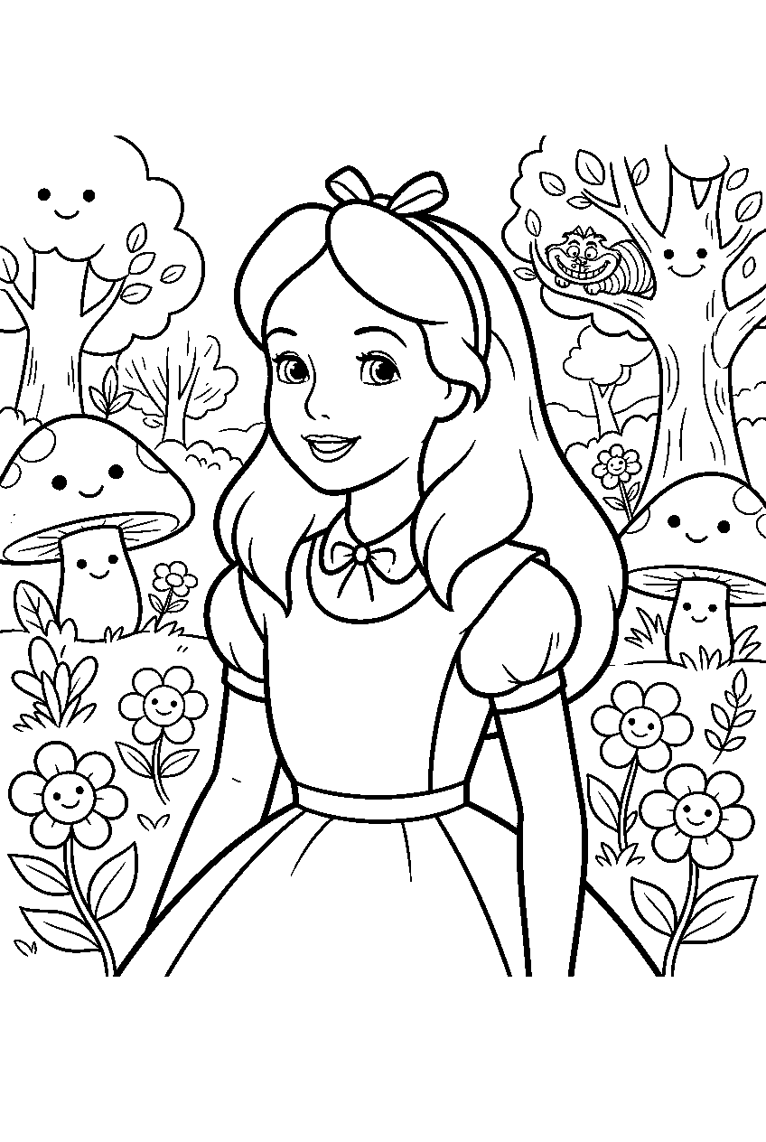 alice in wonderland in smiling forest line art