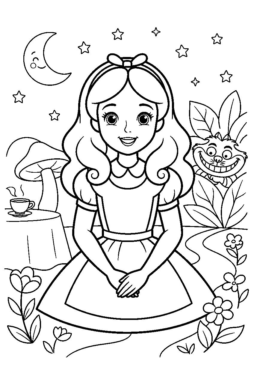 alice in wonderland in starlight garden line art