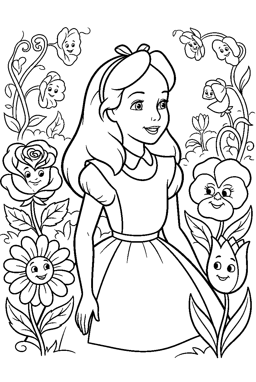 alice in wonderland in talking flower garden line art