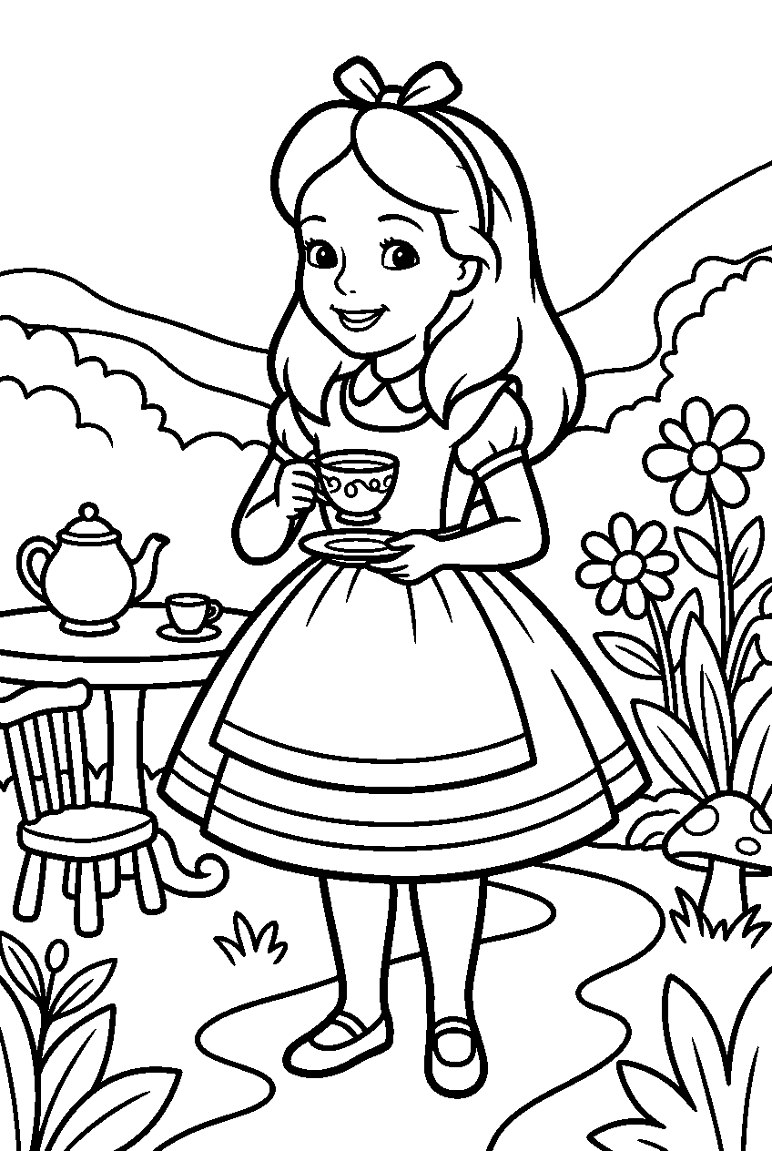 alice in wonderland in tea garden line art