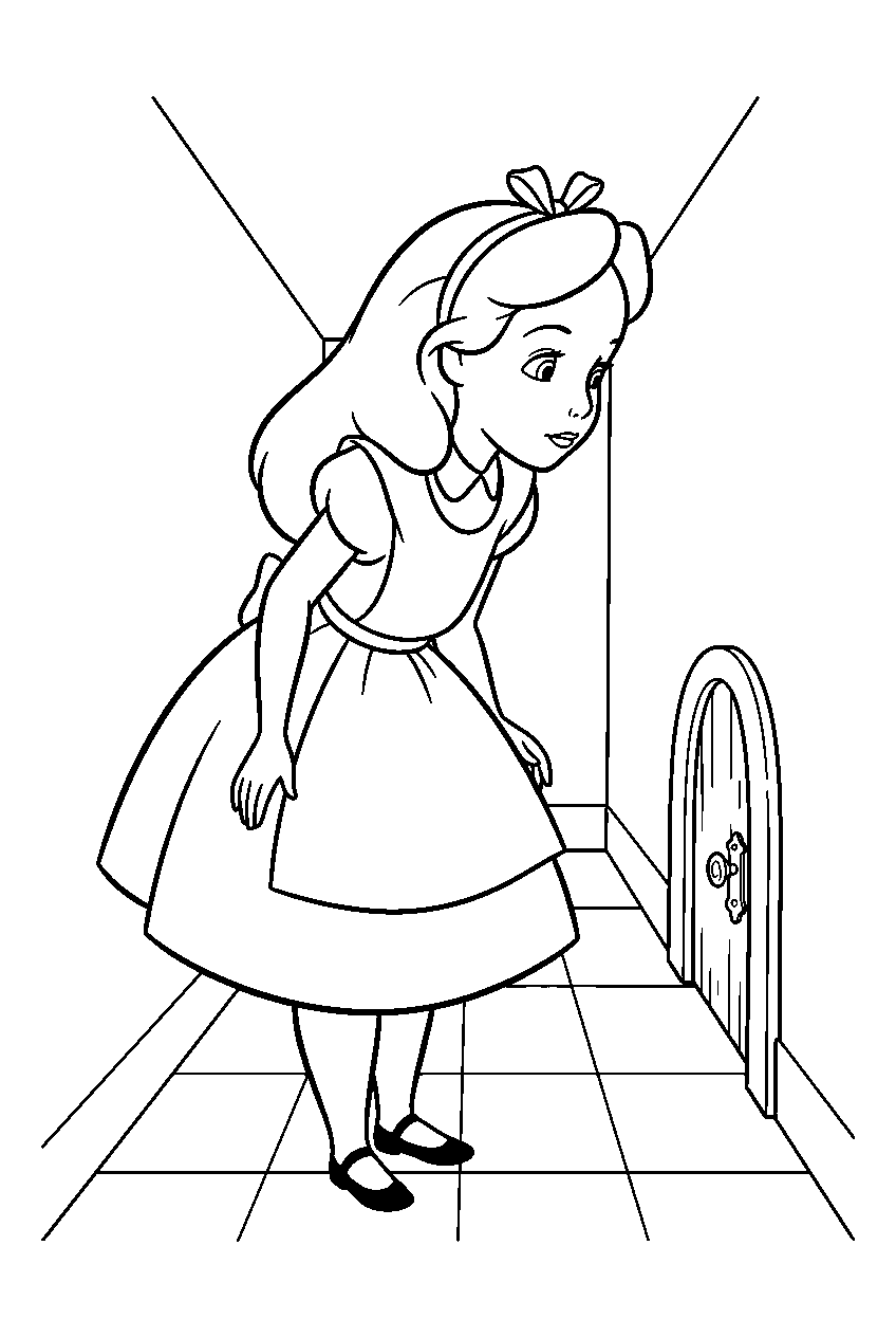 alice in wonderland in tiny door hallway line art