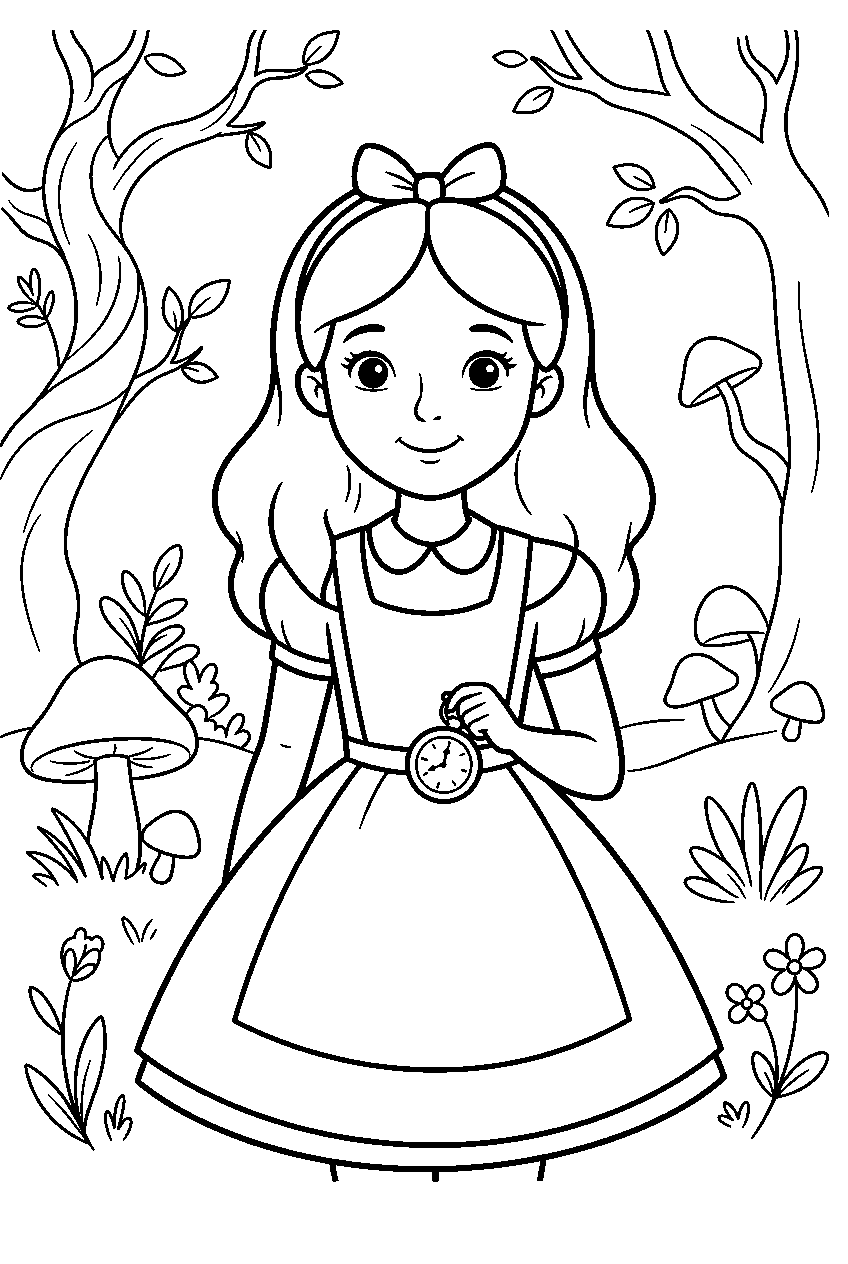 alice in wonderland in tulgey wood line art