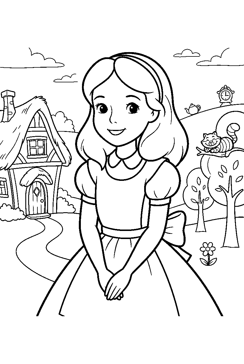 alice in wonderland in whimsical village line art