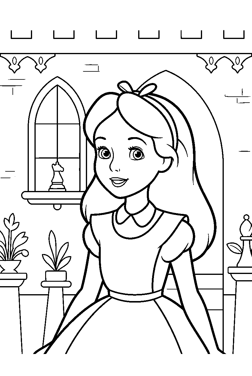 alice in wonderland in white queen s castle line art