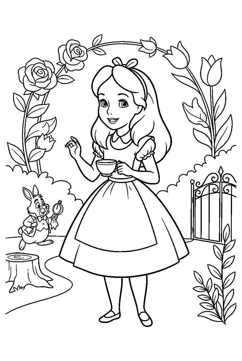 alice in wonderland in white rabbit s garden line art