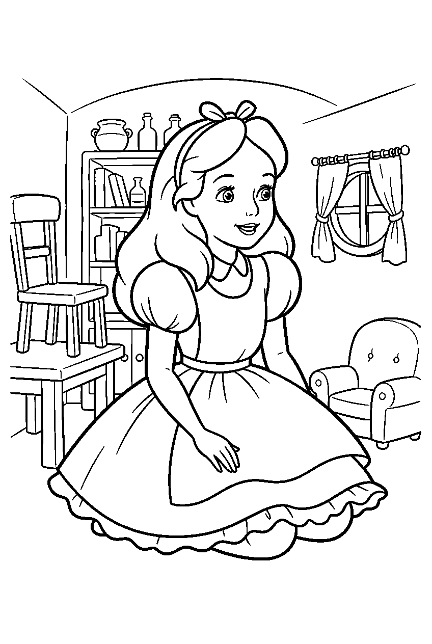 alice in wonderland in white rabbit s house line art