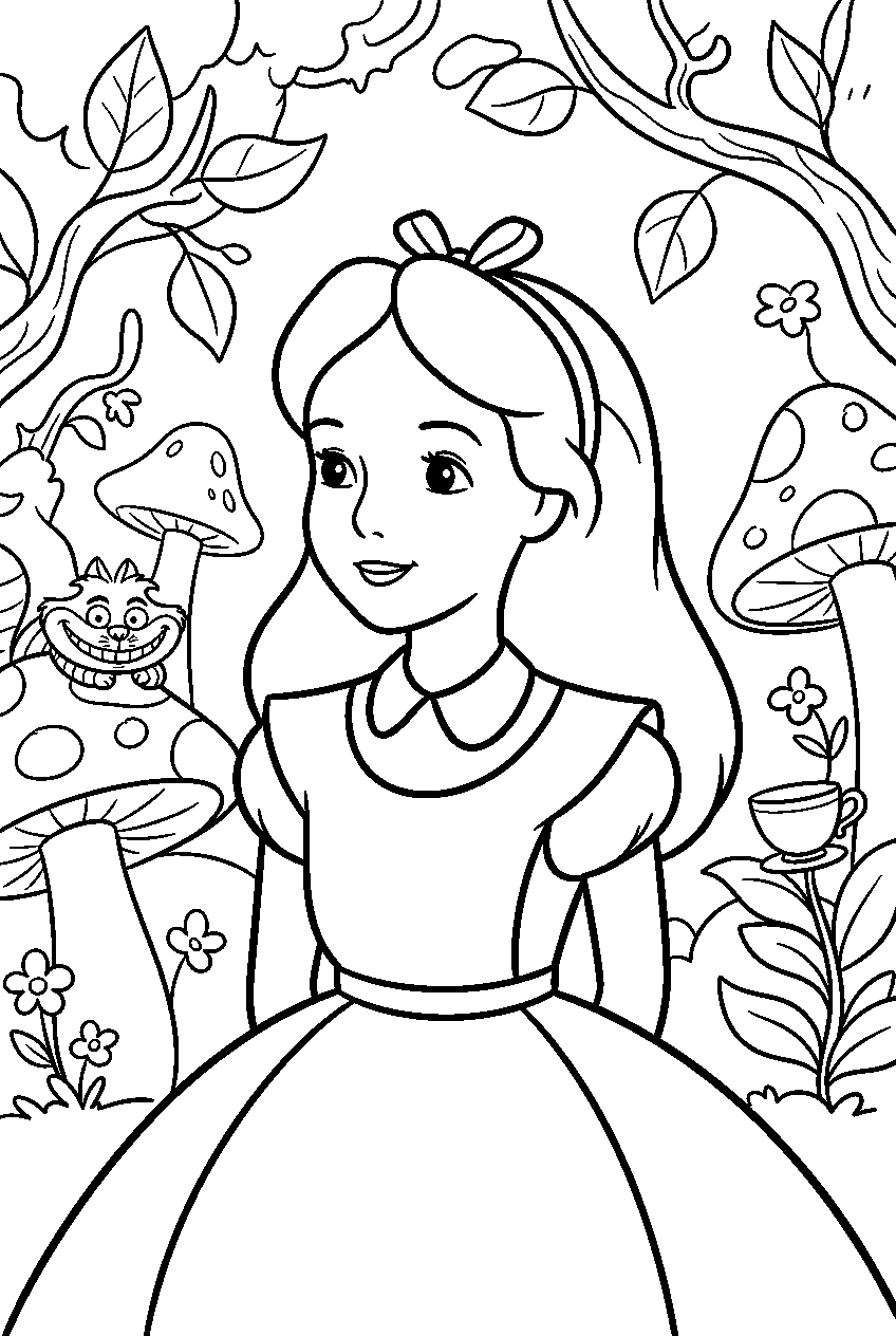 alice in wonderland in wonderland forest line art