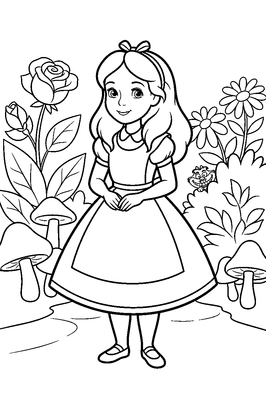 alice in wonderland in wonderland garden line art