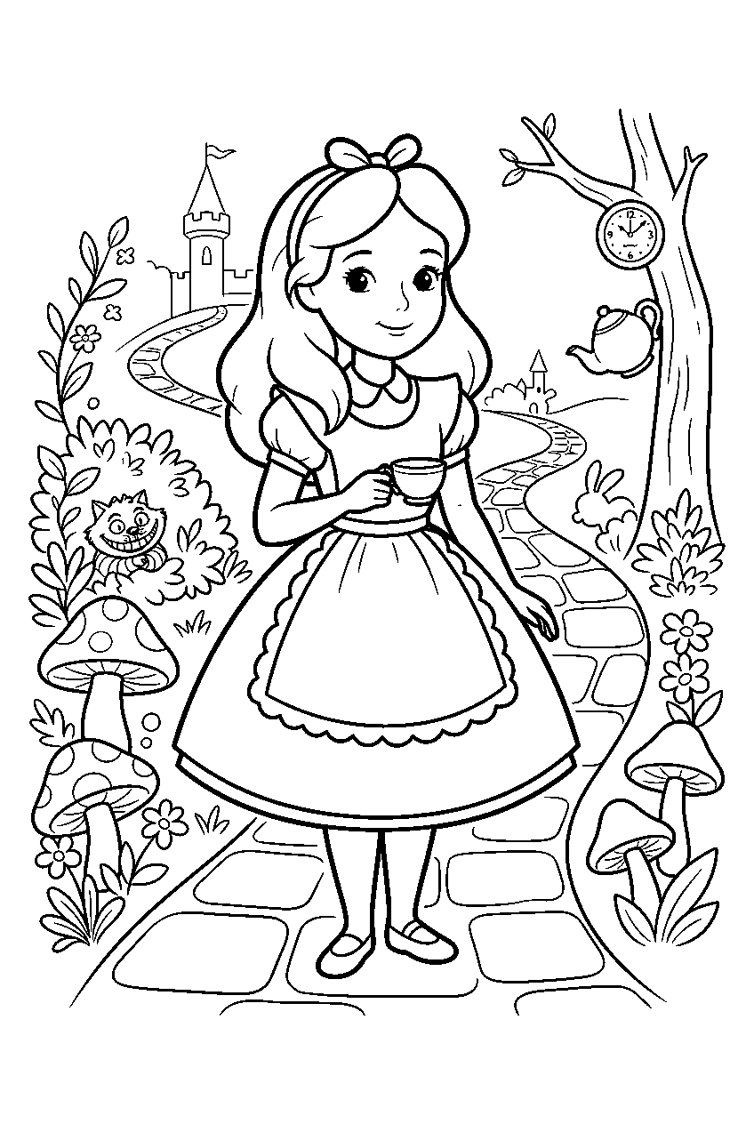 alice in wonderland in wonderland pathway line art