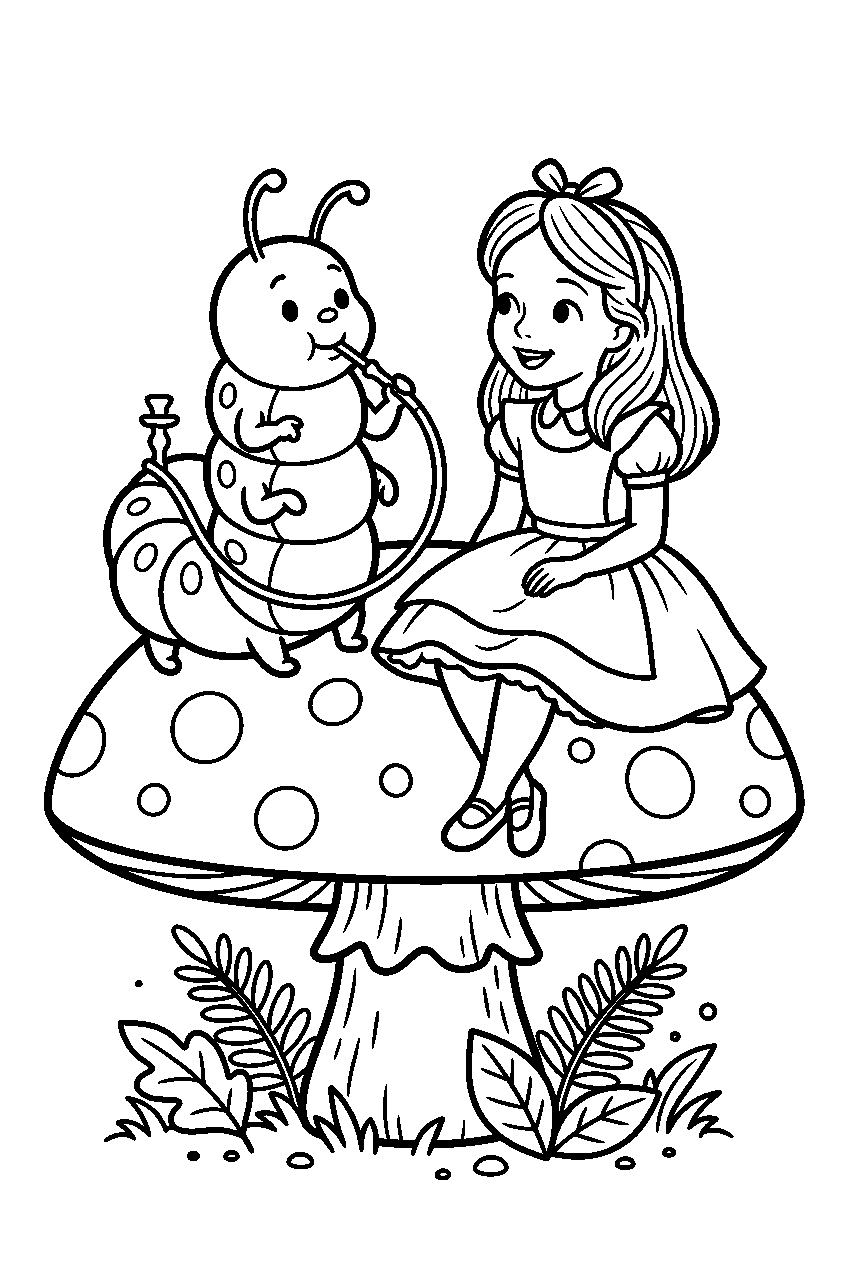 alice in wonderland on caterpillar s mushroom line art