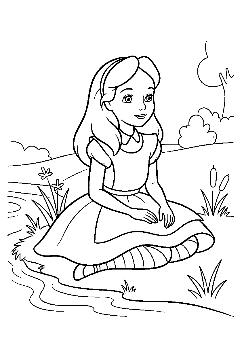 alice in wonderland on riverbank line art