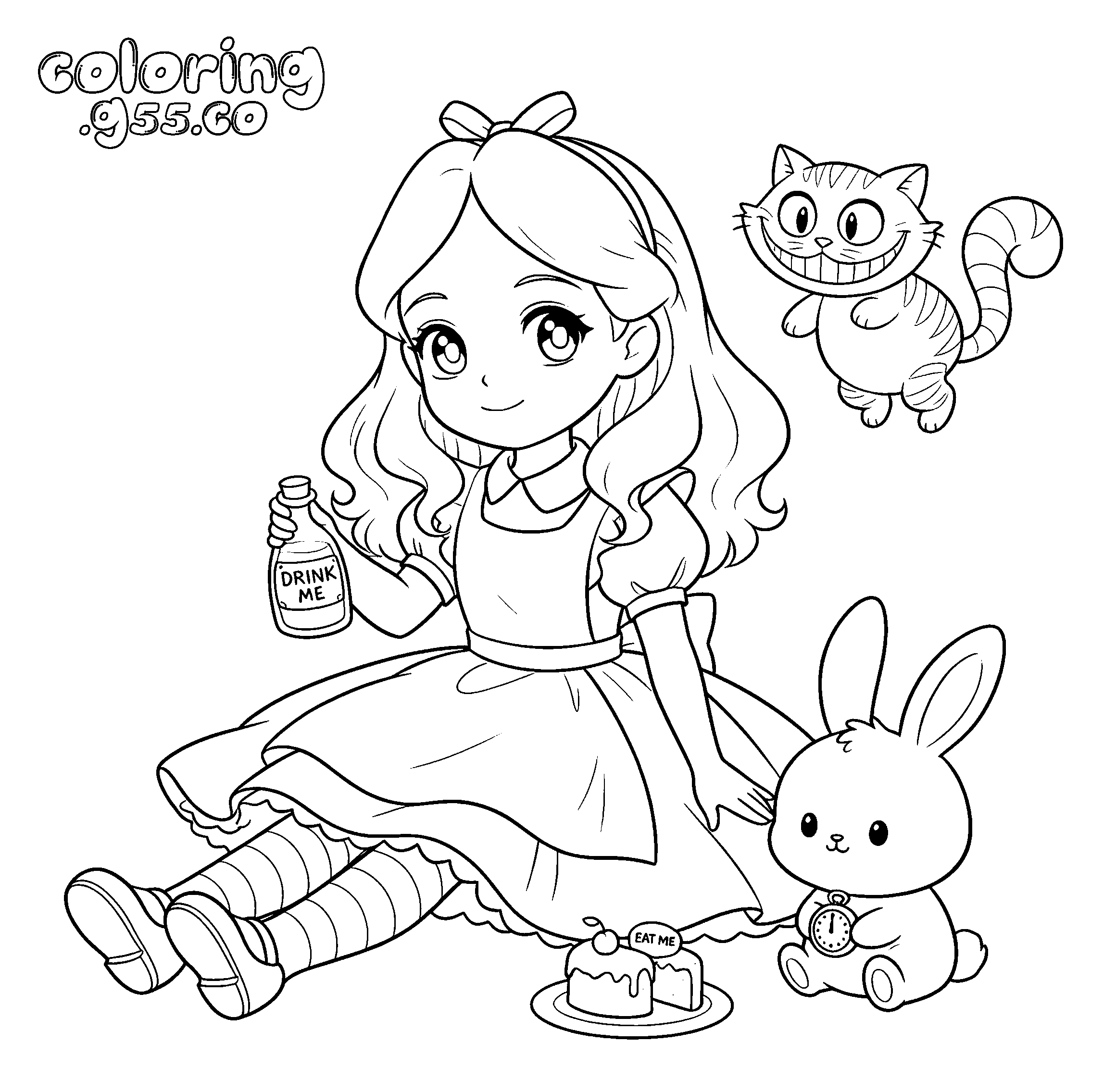 cute alice in wonderland line art for kids