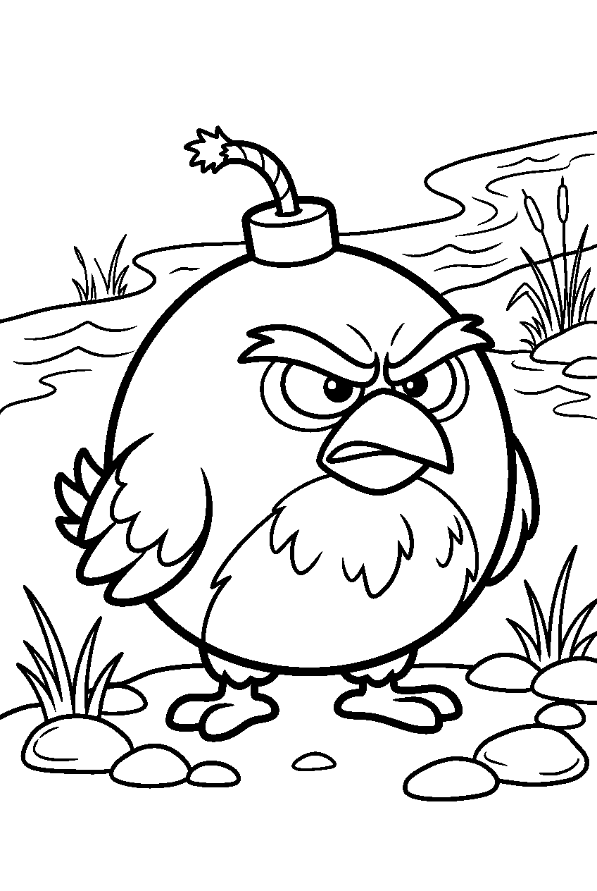 angry birds bomb on riverbank line art