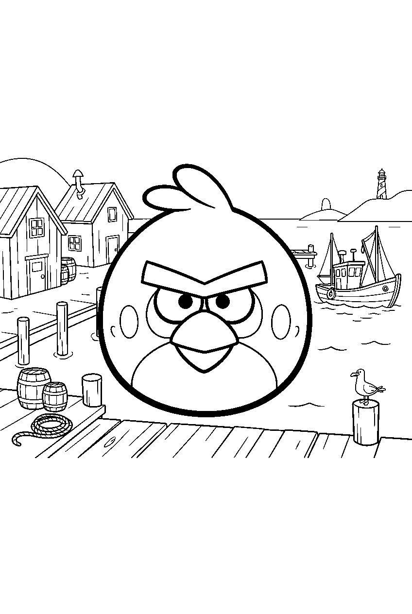 angry birds red in harbor town line art