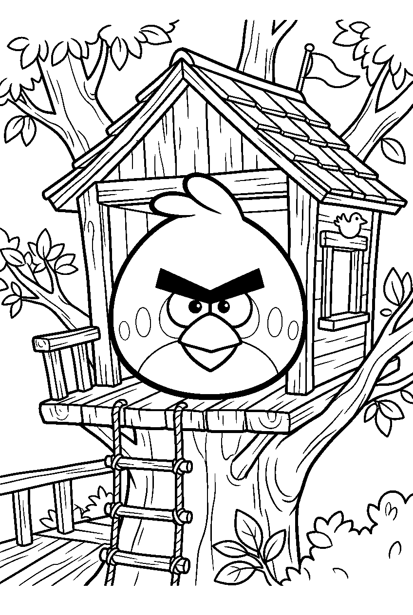 angry birds red in treehouse line art