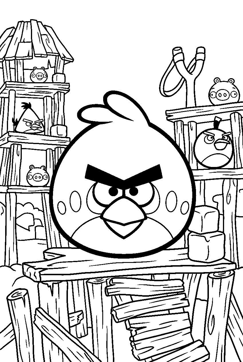 angry birds in wooden tower area line art