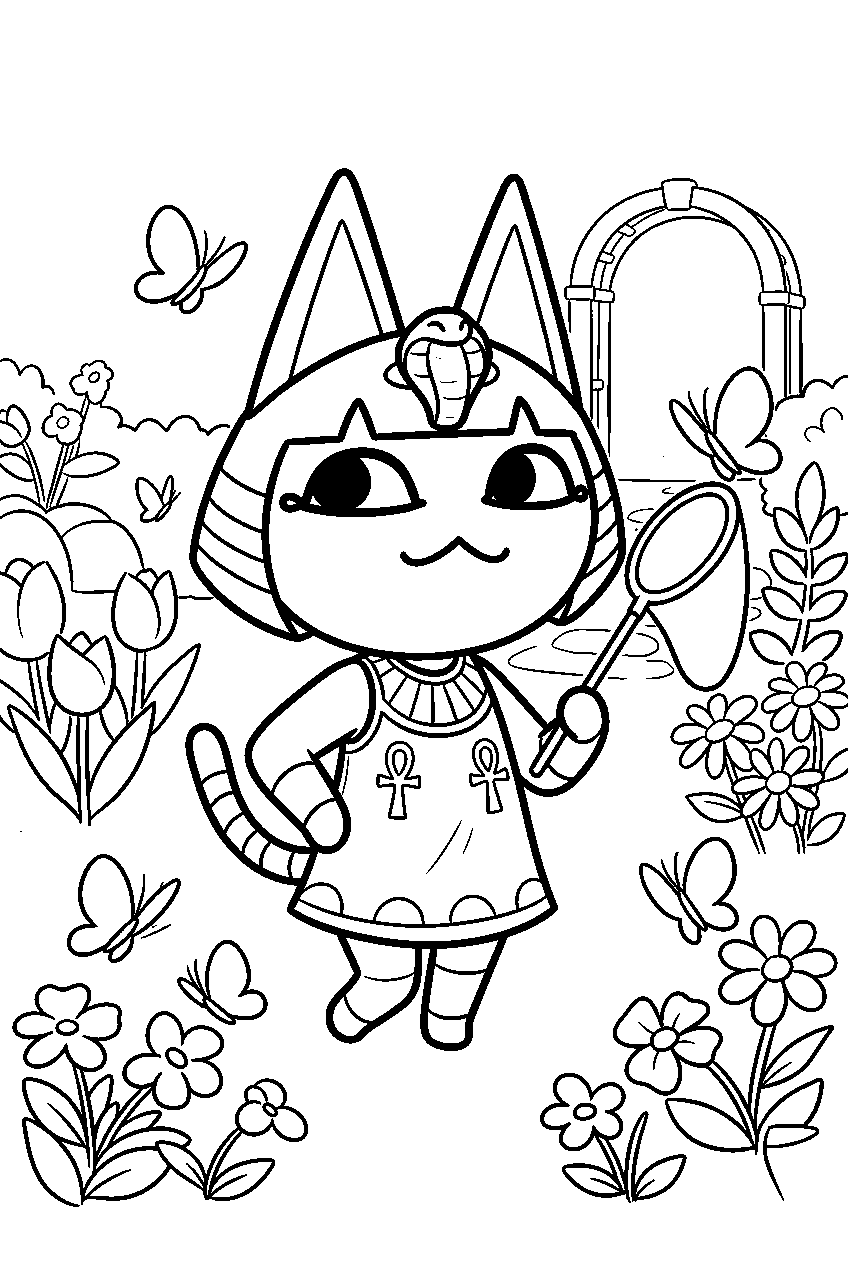 animal crossing ankha in butterfly garden line art