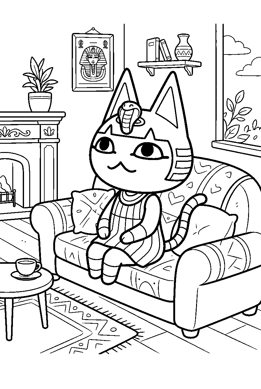 animal crossing ankha in cozy living room line art