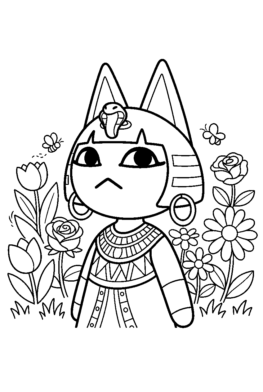animal crossing ankha in flower garden line art