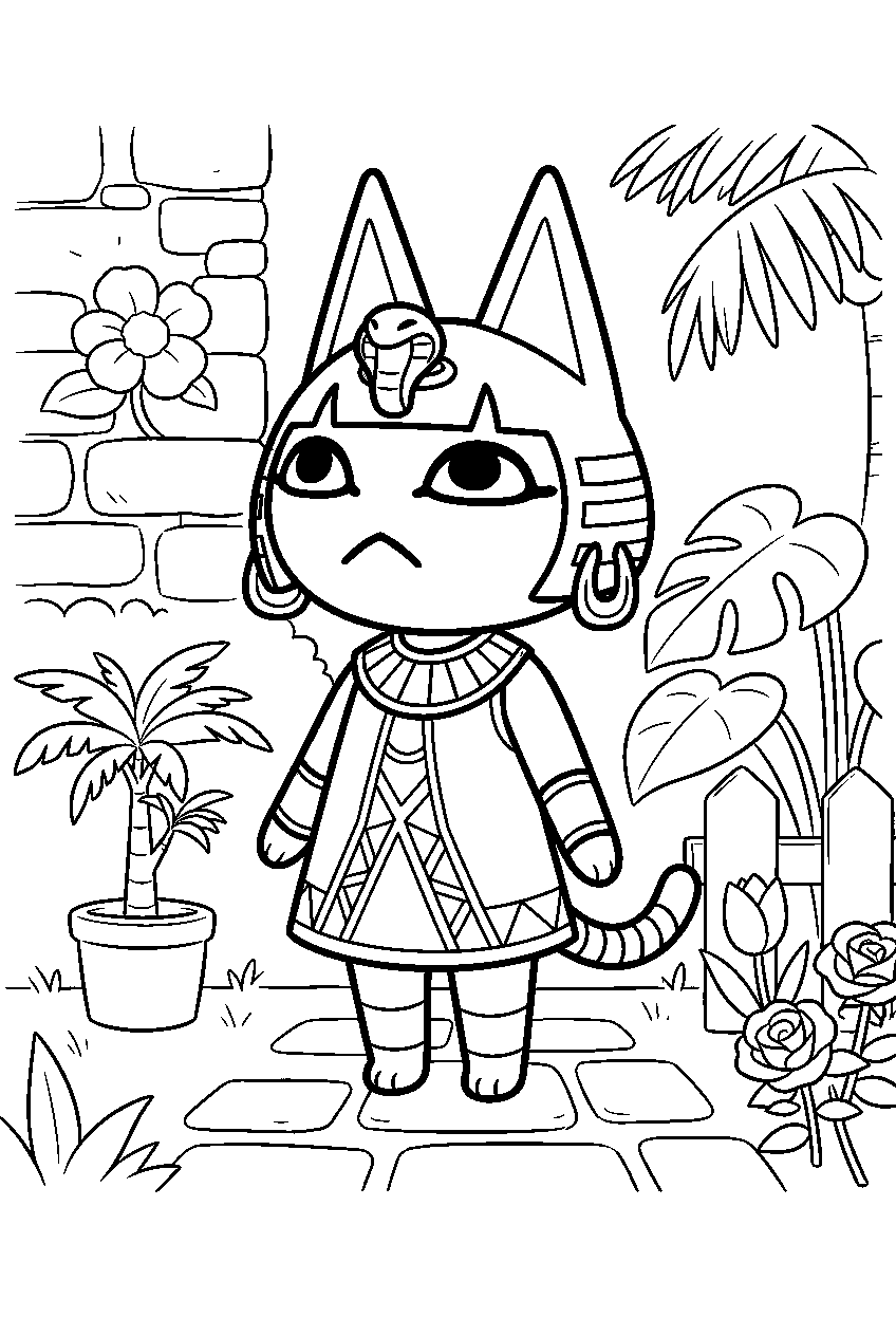 animal crossing ankha in home garden line art
