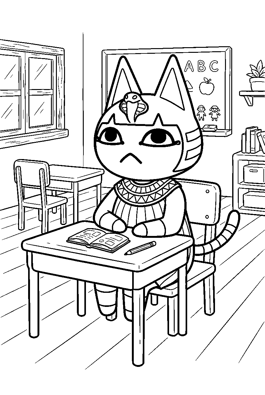 animal crossing ankha in school classroom line art