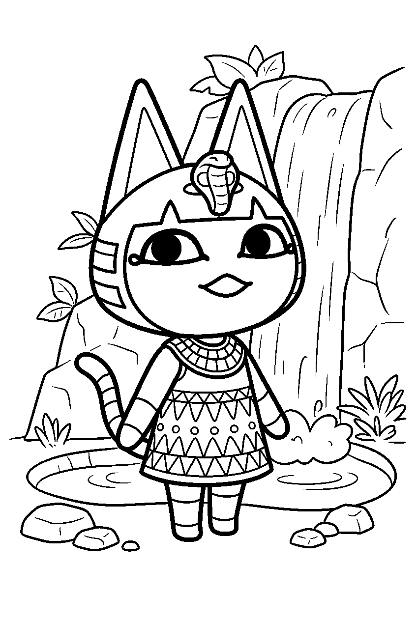 animal crossing ankha near waterfall line art