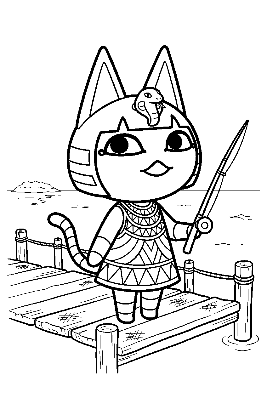 animal crossing ankha on fishing dock line art
