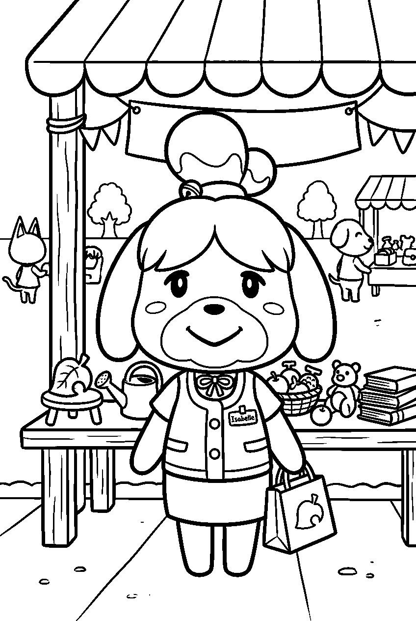animal crossing isabelle at flea market line art