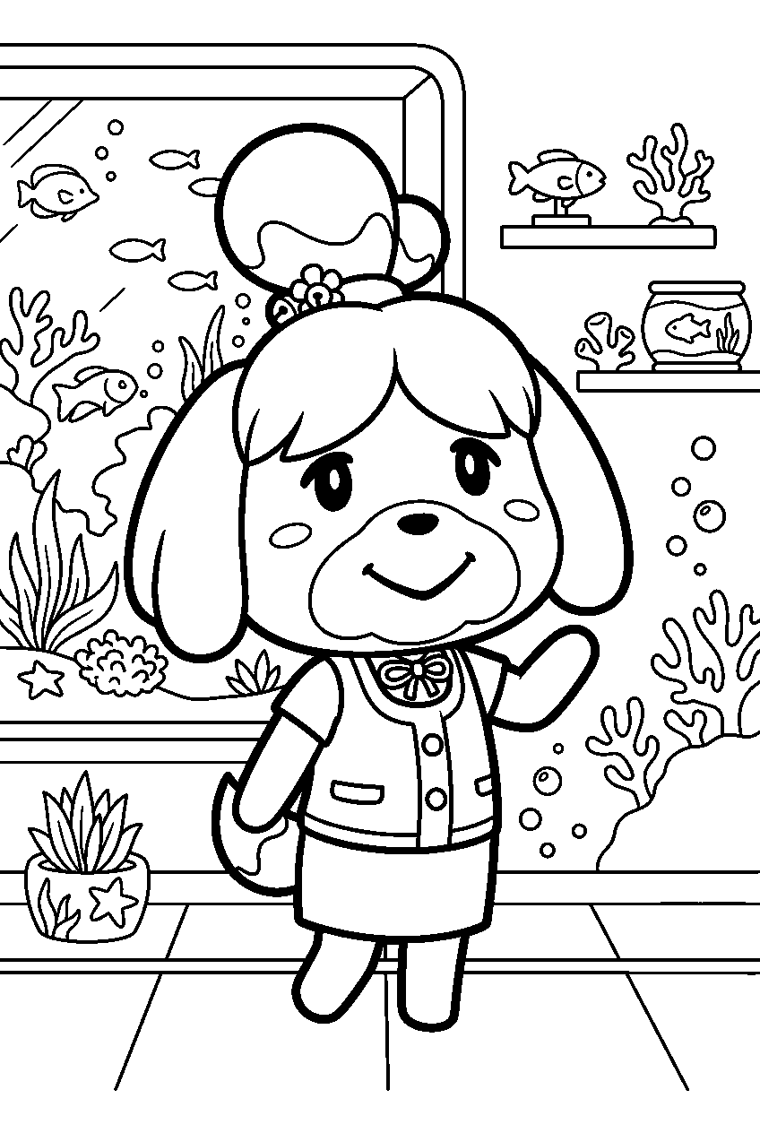 animal crossing isabelle in aquarium room line art