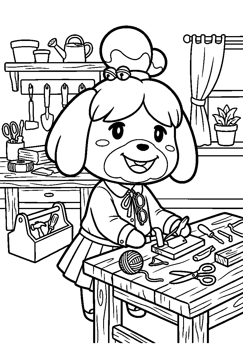 animal crossing isabelle in crafting workshop line art