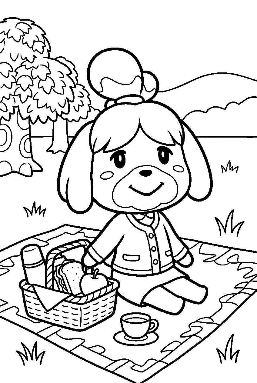 animal crossing isabelle in picnic area line art