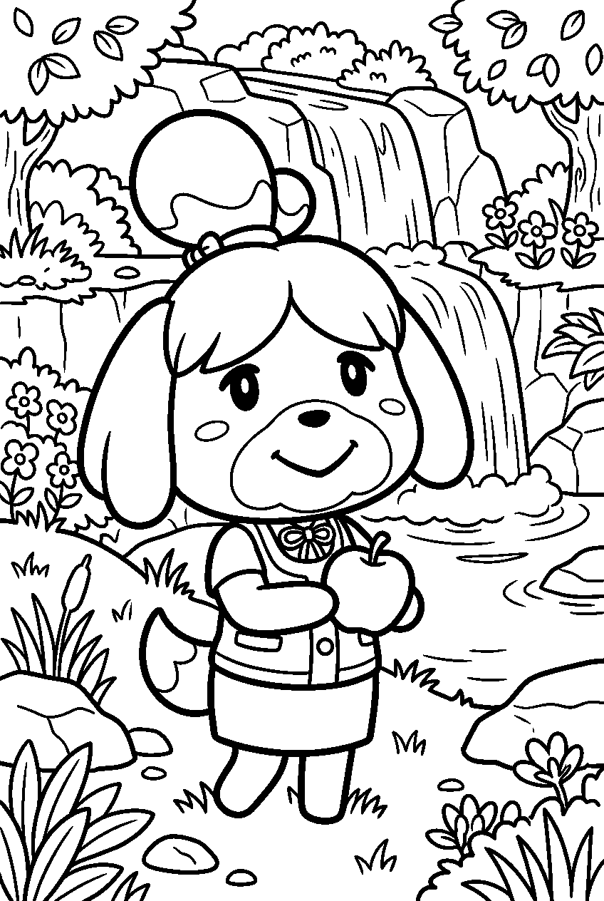 animal crossing isabelle near waterfall line art