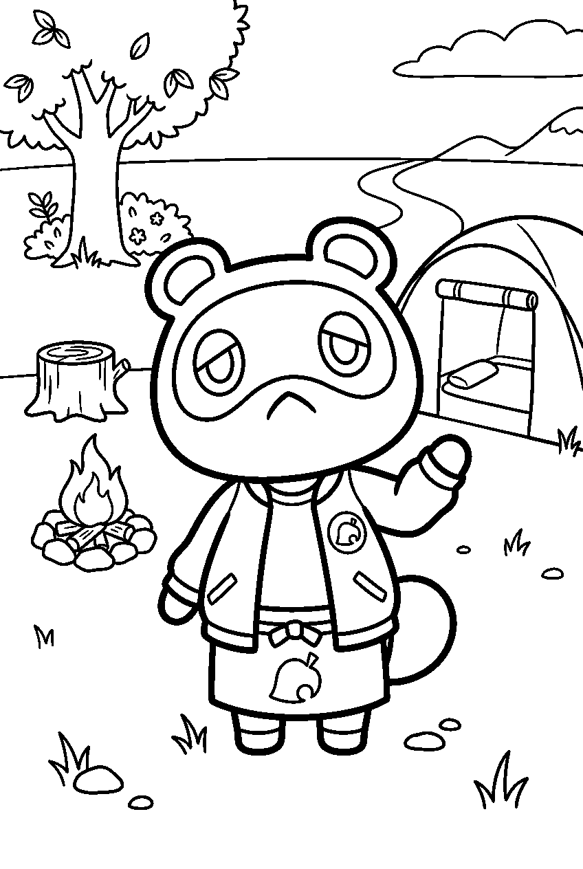 animal crossing tom nook at campsite line art