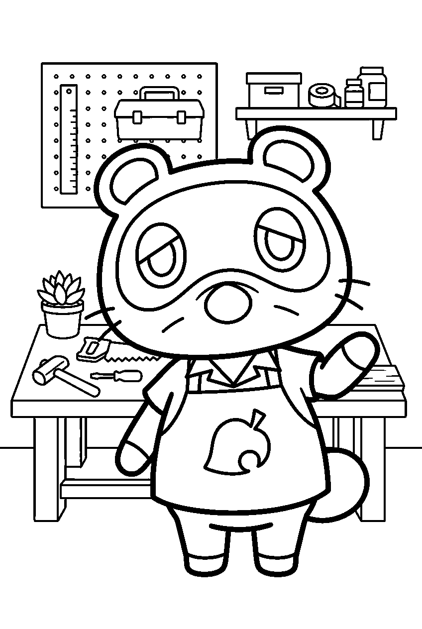 animal crossing tom nook in crafting workshop line art