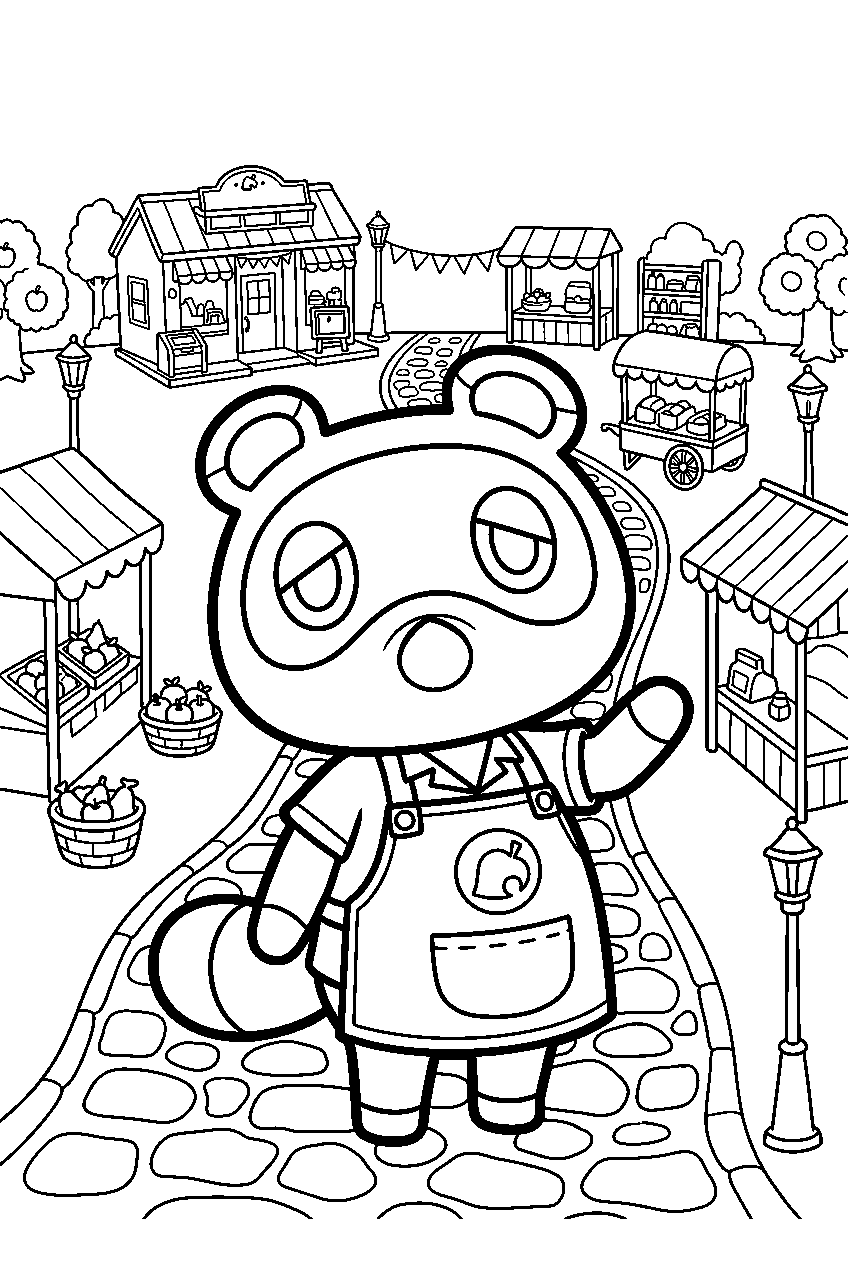 animal crossing tom nook in market street line art
