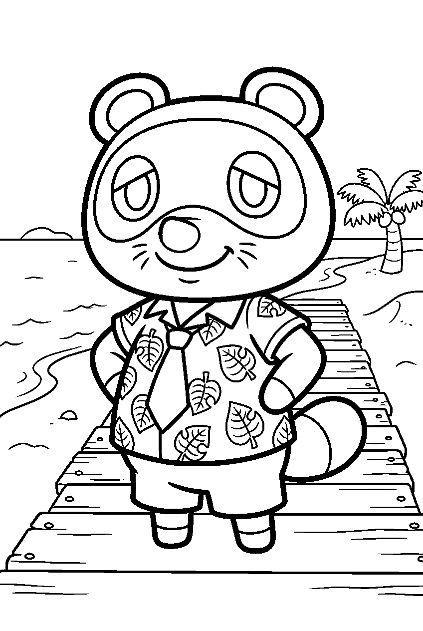 animal crossing tom nook on beach boardwalk line art